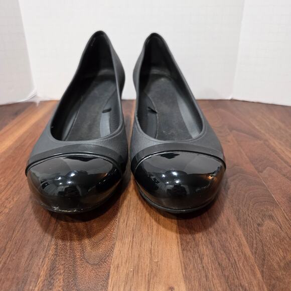 CROCS Black Patent Cap Toe Wedge Platforms High Heels Shoes Womens Sz 10 - Picture 7 of 13